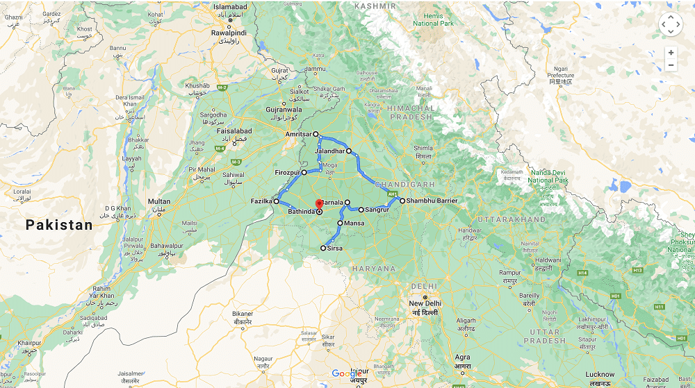 Un mapa de mi viaje a través del estado que comenzó en Sirsa, Haryana, en la frontera de Punjab.