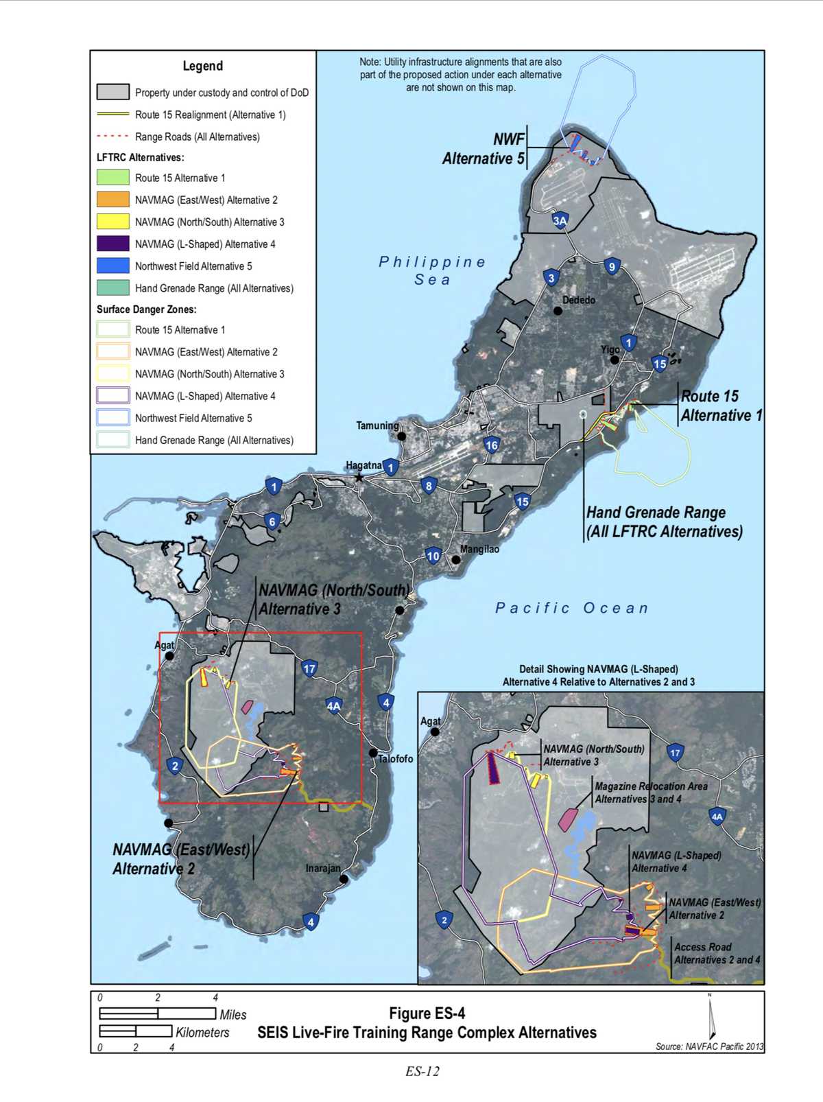 Figure ES-4, SEIS Live-Fire Training Range Complex Alternatives (« Alternatives au complexe d'entraînements de tirs à balles réelles ») - extrait de la Déclaration finale d’impact environnemental complémentaire du ministère de la Marine portant sur la réinstallation militaire de Guam et du Commonwealth dans les îles Mariannes du Nord (ajustements du plan d’action 2012) (juillet 2015).